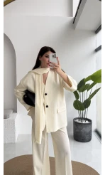 Yuna Fular Detay Bağcıklı Ceket Takım - Ekru - Kod: 6003