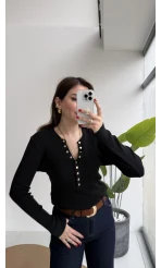 Lyssa V Yaka Çıtçıtlı Triko Kazak - Siyah