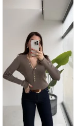 Lyssa V Yaka Çıtçıtlı Triko Kazak - Vizon