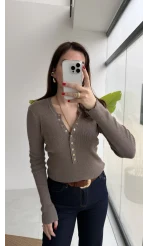 Lyssa V Yaka Çıtçıtlı Triko Kazak - Vizon