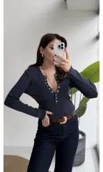 Lyssa V Yaka Çıtçıtlı Triko Kazak - Koyu İndigo