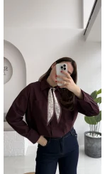 Claire Fularlı Gömlek - Mürdüm - Kod: 5427