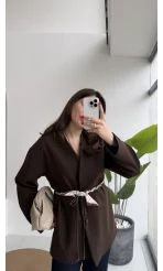 Brooklyn Fular Kemerli Ceket - Acı Kahve - Kod: 7673