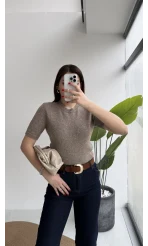 Yumoş Dokulu Pullu Simli Kısa Kol Triko Kazak - Vizon - Kod: 10703