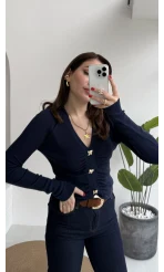 Addison V Yaka Düğme Detay Triko Kazak - Lacivert - Kod: 10805