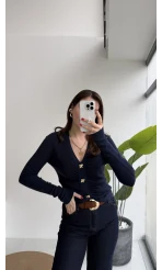 Addison V Yaka Düğme Detay Triko Kazak - Lacivert - Kod: 10805