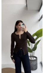 Granny Fermuar Detaylı Uzun Kollu Bluz - Koyu Kahve - Kod: 31993