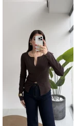 Granny Fermuar Detaylı Uzun Kollu Bluz - Koyu Kahve - Kod: 31993