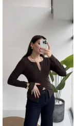 Granny Fermuar Detaylı Uzun Kollu Bluz - Koyu Kahve - Kod: 31993