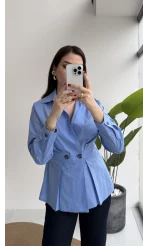 Coquette Pile Detay Düğmeli Gömlek - Mavi - Kod: 5426