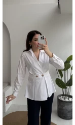 Coquette Pile Detay Düğmeli Kısa Bluz - Beyaz - Kod: 5426