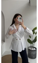 Coquette Pile Detay Düğmeli Kısa Bluz - Beyaz - Kod: 5426