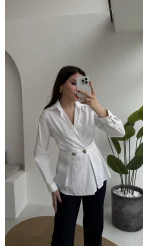 Coquette Pile Detay Düğmeli Kısa Bluz - Beyaz - Kod: 5426