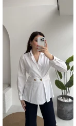 Coquette Pile Detay Düğmeli Kısa Bluz - Beyaz - Kod: 5426