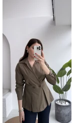 Coquette Pile Detay Düğmeli Kısa Bluz - Haki - Kod: 5426