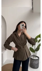 Coquette Pile Detay Düğmeli Kısa Bluz - Haki - Kod: 5426