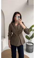 Coquette Pile Detay Düğmeli Kısa Bluz - Haki - Kod: 5426