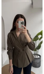 Coquette Pile Detay Düğmeli Kısa Bluz - Haki - Kod: 5426