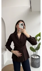 Coquette Pile Detay Düğmeli Kısa Bluz - Acı Kahve - Kod: 5426