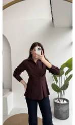 Coquette Pile Detay Düğmeli Kısa Bluz - Mürdüm - Kod: 5426