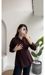 Coquette Pile Detay Düğmeli Kısa Bluz - Mürdüm - Kod: 5426