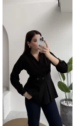 Coquette Pile Detay Düğmeli Kısa Bluz - Siyah - Kod: 5426