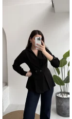 Coquette Pile Detay Düğmeli Kısa Bluz - Siyah - Kod: 5426