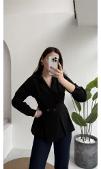 Coquette Pile Detay Düğmeli Kısa Bluz - Siyah - Kod: 5426