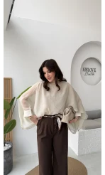 ÖN SİPARİŞ - Uçuşan Pelerin Bluz - Taş - Kod: 5026