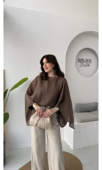 Ön Sipariş - Uçuşan Pelerin Bluz - Kahverengi - Kod: 5026