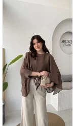 Ön Sipariş - Uçuşan Pelerin Bluz - Kahverengi - Kod: 5026