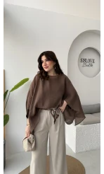 Ön Sipariş - Uçuşan Pelerin Bluz - Kahverengi - Kod: 5026