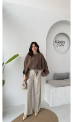 Kirsten Fular Kemerli Palazzo Pantolon - Taş - Kod: 3860