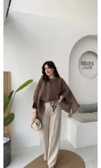 Kirsten Fular Kemerli Palazzo Pantolon - Taş - Kod: 3860