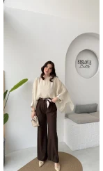 Kirsten Fular Kemerli Palazzo Pantolon - Acı Kahve - Kod: 3860