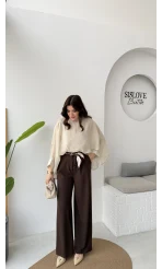 Kirsten Fular Kemerli Palazzo Pantolon - Acı Kahve - Kod: 3860