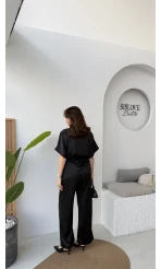 Elodia Kısa Kol Bağlamalı Saten Takım - Siyah