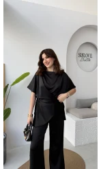 Elodia Kısa Kol Bağlamalı Saten Takım - Siyah