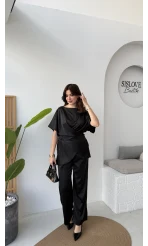 Elodia Kısa Kol Bağlamalı Saten Takım - Siyah