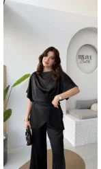 Elodia Kısa Kol Bağlamalı Saten Takım - Siyah