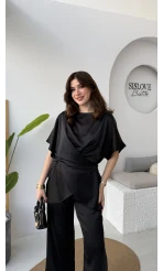 Elodia Kısa Kol Bağlamalı Saten Takım - Siyah