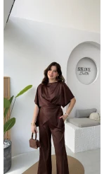 Elodia Kısa Kol Bağlamalı Saten Takım - Acı Kahve