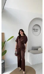 Elodia Kısa Kol Bağlamalı Saten Takım - Acı Kahve