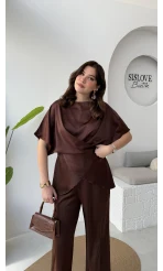 Elodia Kısa Kol Bağlamalı Saten Takım - Acı Kahve