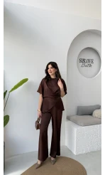 Elodia Kısa Kol Bağlamalı Saten Takım - Acı Kahve