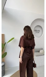 Elodia Kısa Kol Bağlamalı Saten Takım - Acı Kahve