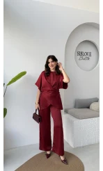 Elodia Kısa Kol Bağlamalı Saten Takım - Bordo