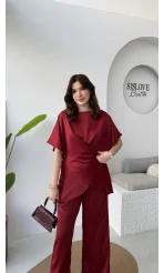 Elodia Kısa Kol Bağlamalı Saten Takım - Bordo