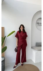 Elodia Kısa Kol Bağlamalı Saten Takım - Bordo