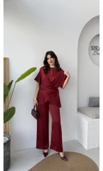 Elodia Kısa Kol Bağlamalı Saten Takım - Bordo